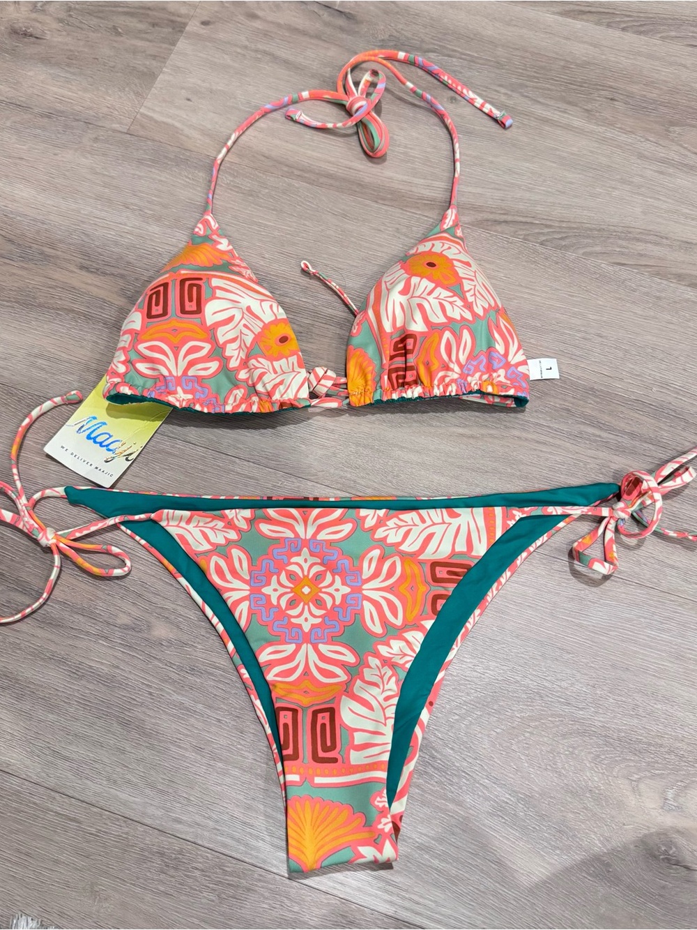Maaji Reversible Triangle Bikini Set Large NWT Green Pink Tie Side Swim
